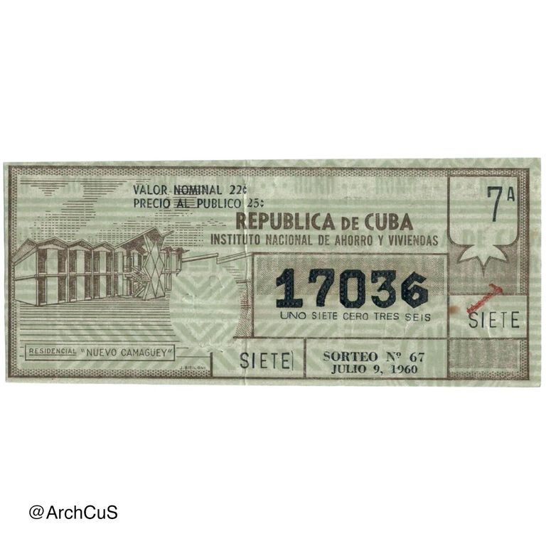 Lottery savings-bond ticket (bono), INAV — Sorteo No. 67, 9 July 1960