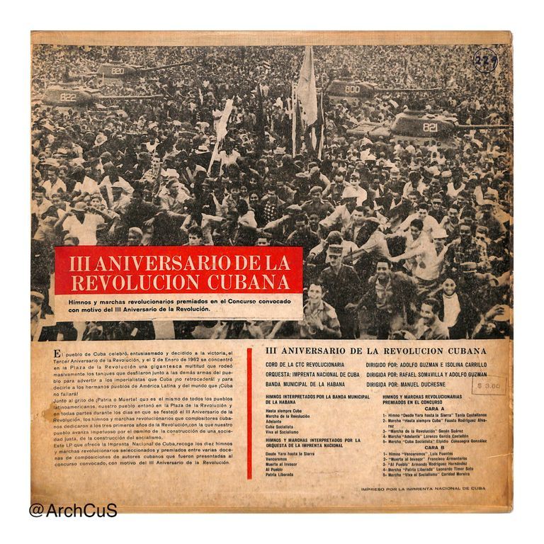 LP record album — III Aniversario de la Revolución Cubana: Himnos y Marchas (Imprenta Nacional de Cuba, INC-1007), jacket and disc - Image 2