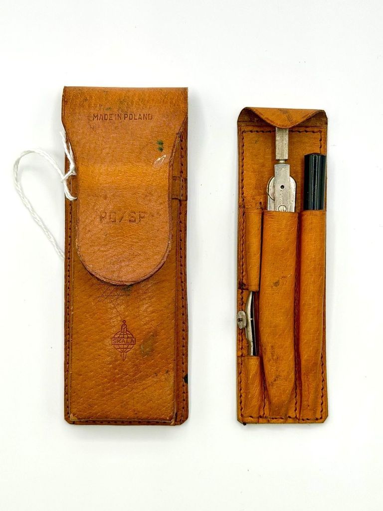 "SKALA" drafting instrument set in leather case — drawing compass with accessories
