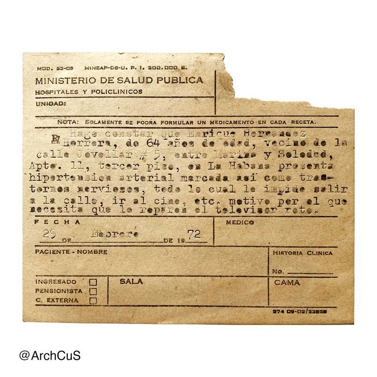 MINSAP Mod. 53-05, completed — physician's certificate requesting a television repair