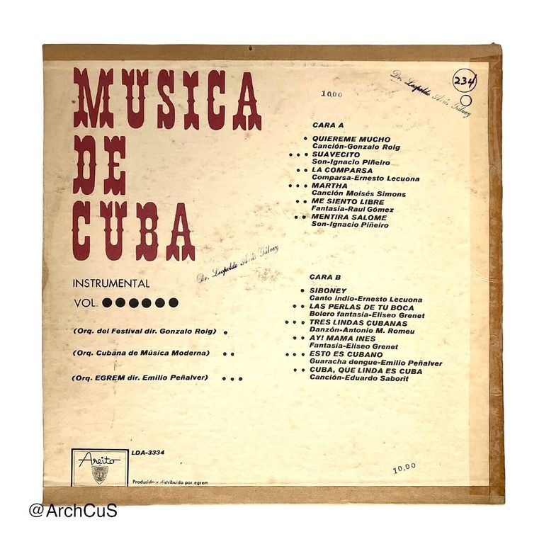 LP record "Música de Cuba", Vol. VI (instrumental) (Areíto/EGREM 12″ 33⅓ rpm LP, LDA-3334, 1969) - Image 2
