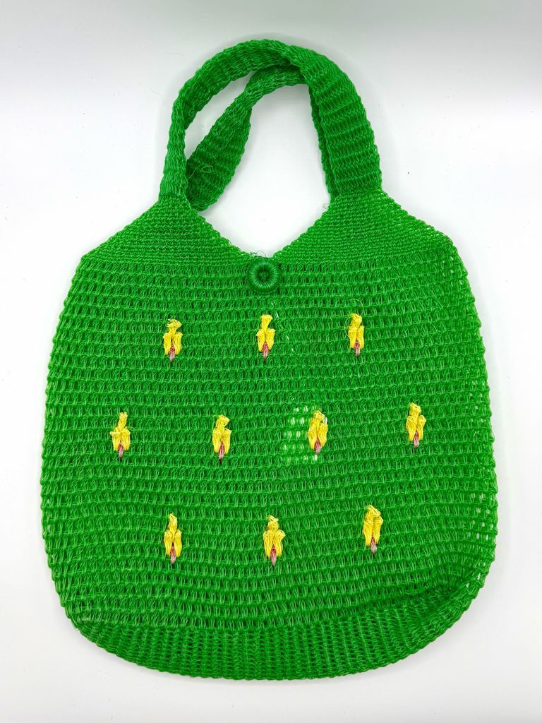 Green Plastic Mesh Handbag with Floral Tufts (bolso / “jaba”), green