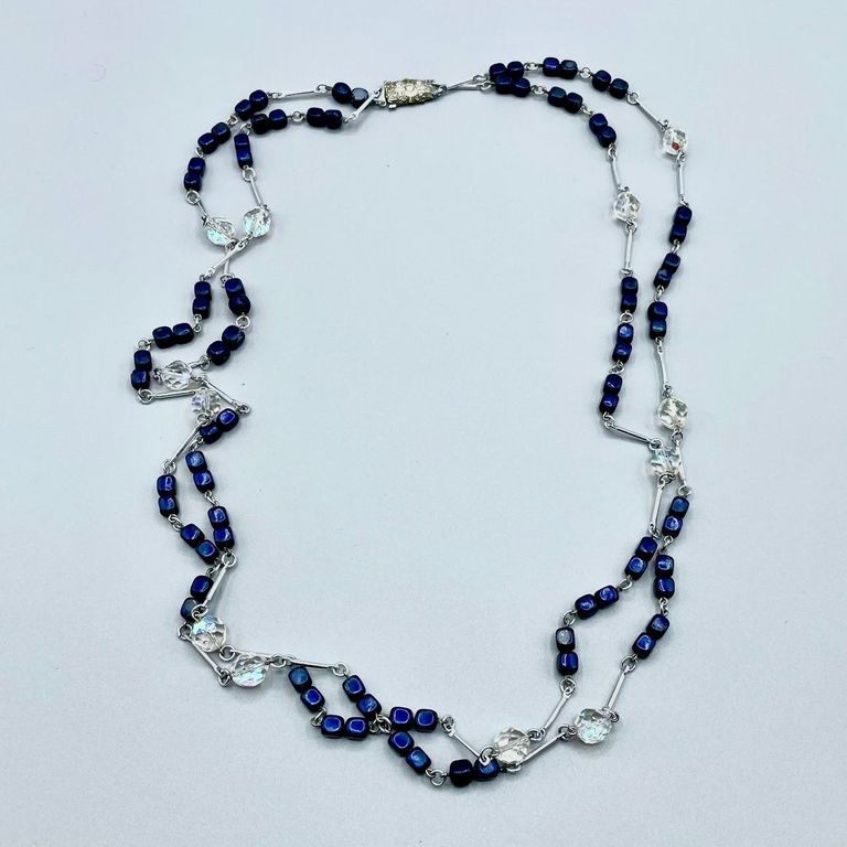 Bead-and-link necklace, dark blue cube beads with clear faceted glass