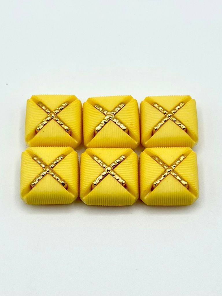 Set of six matching square buttons, yellow with golden "X" motif - Image 2