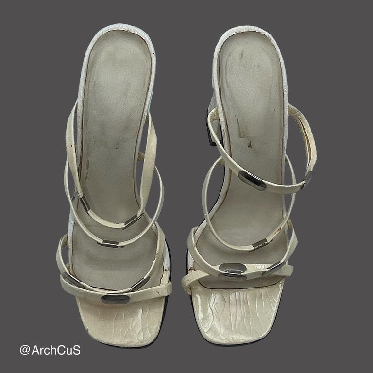 Cream strappy block-heel mules with metal trim