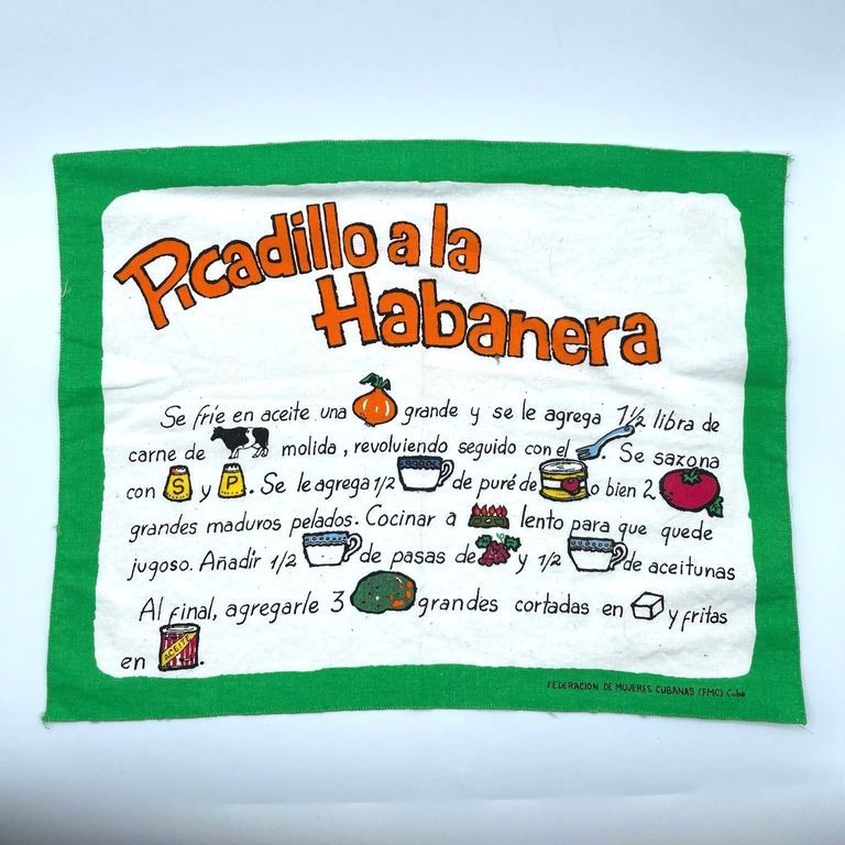 Printed recipe cloth — "Picadillo a la Habanera" (Federación de Mujeres Cubanas)