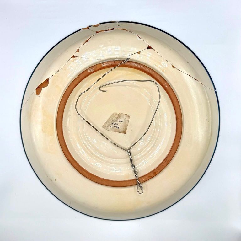 Hand-painted decorative earthenware plate, repaired - Image 2