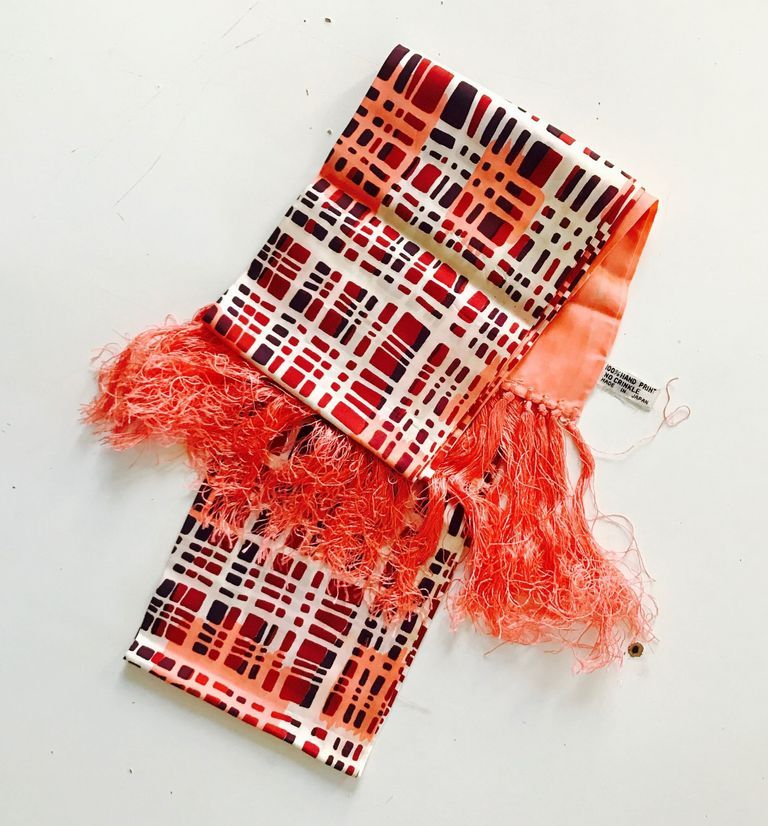 Fringed scarf, red/maroon plaid print (hand-printed, Japan)