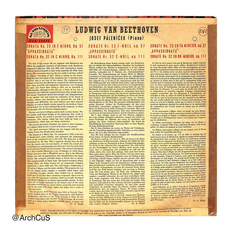 LP record album — Beethoven, Appassionata (Op. 57) & Sonata No. 32 (Op. 111), Josef Páleníček, piano (Supraphon SUA 10096), jacket and disc - Image 2