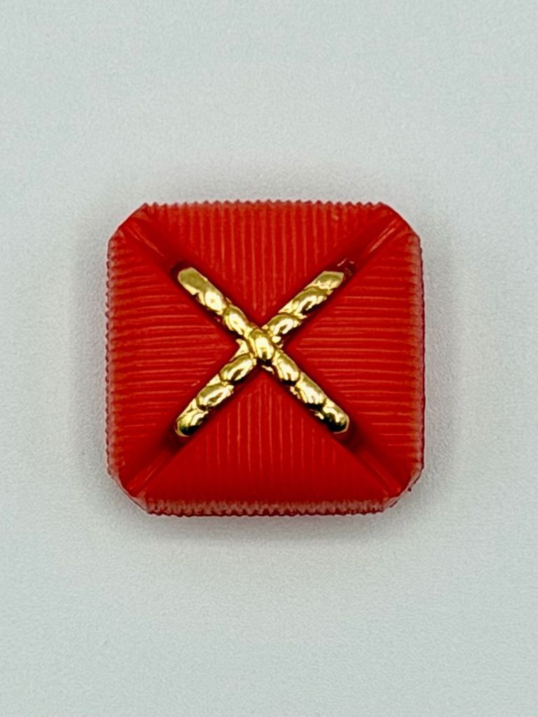 Set of six matching square buttons, red with golden "X" motif - Image 3