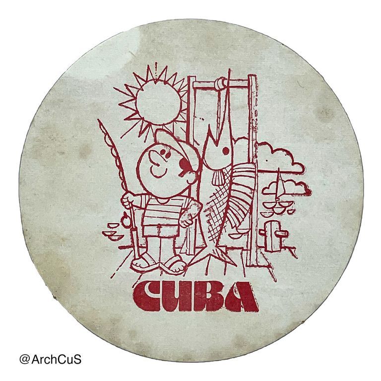          Circular coaster with a design of a cartoon fisherman having caught a fish with red linework and the block letters spelling 