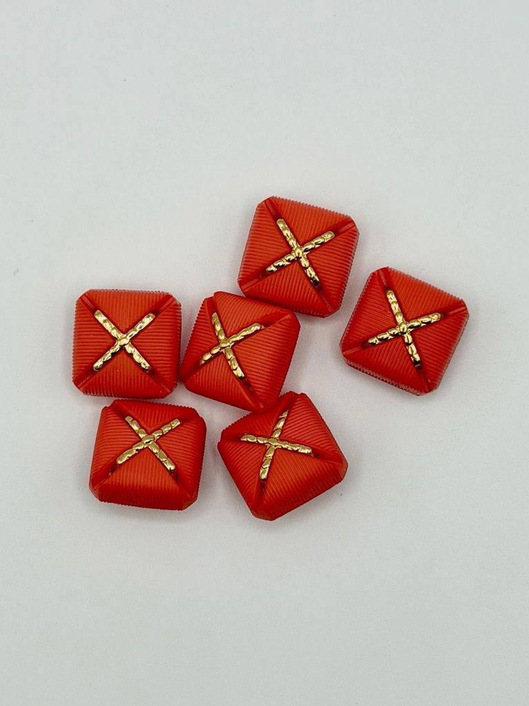 Set of six matching square buttons, red with golden "X" motif - Image 2