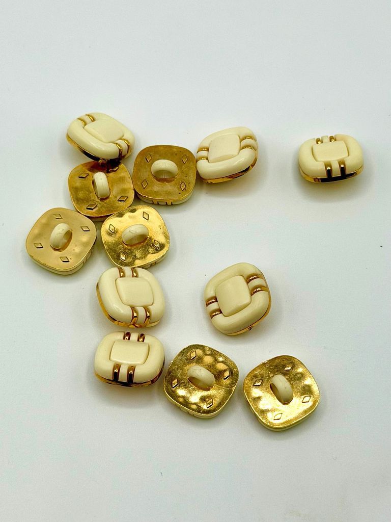 Set of Twelve Square Shank Buttons — Cream/Greenish with Gold-Tone Accents