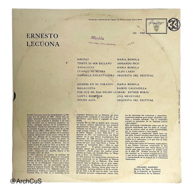 LP record, Ernesto Lecuona ("Colección Autores Cubanos") — Areito / EGREM - Image 2