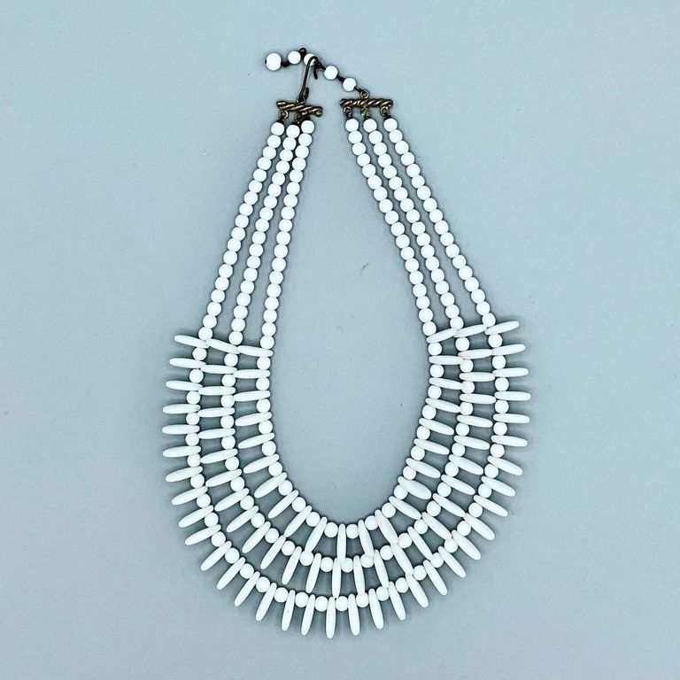 Czech White Glass-Bead Multi-Strand Bib Necklace