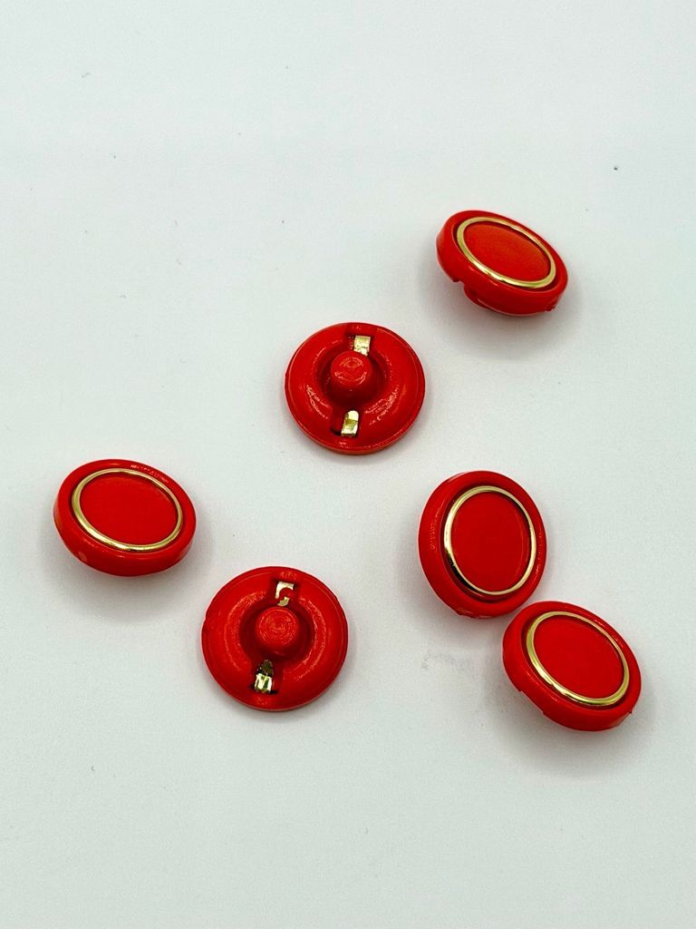 Set of Six Round Shank Buttons — Red with Gold-Tone Rim