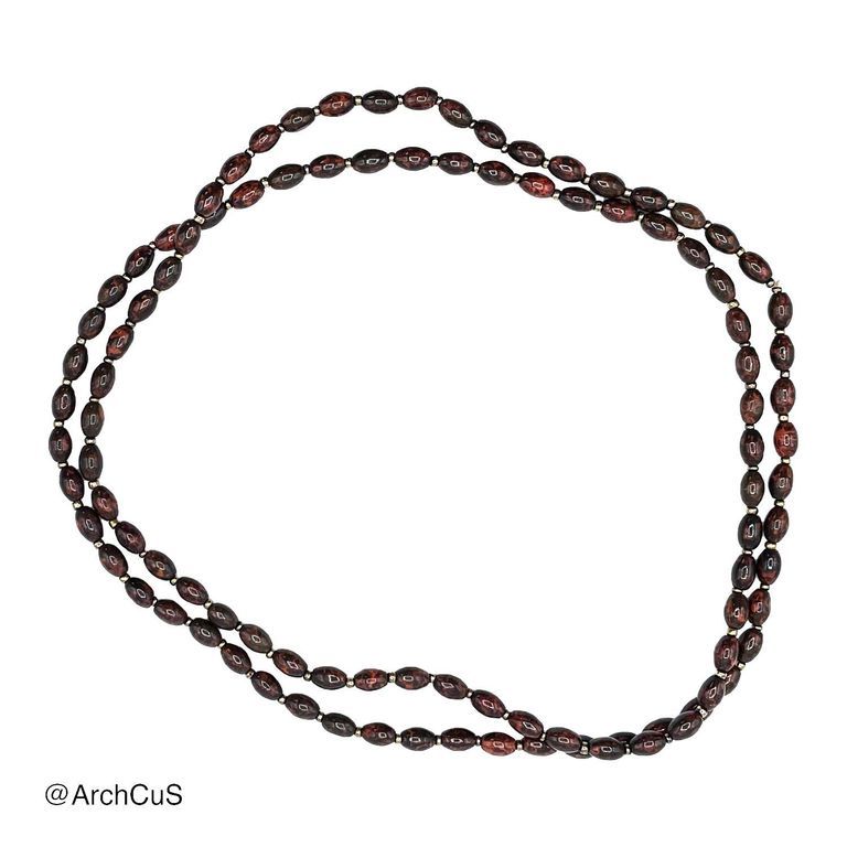 Long glass-bead necklace (rope/sautoir), brown and gold
