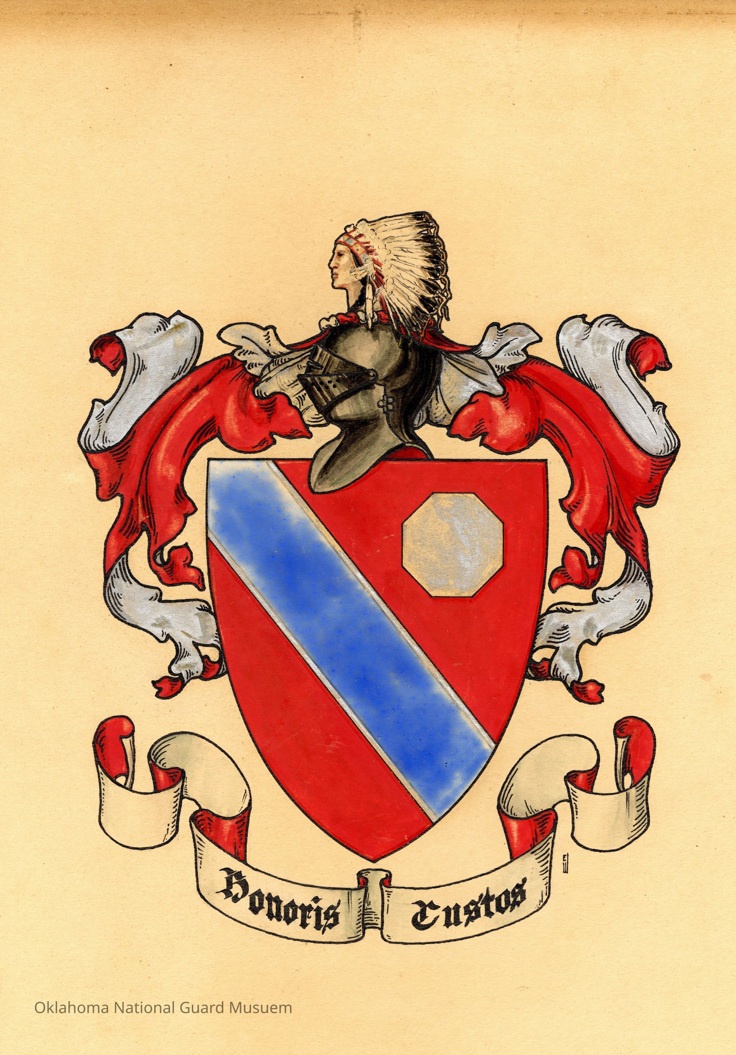 This image features an elaborate heraldic crest, highlighted by a central shield with a bold red and blue design, accented by a prominent white star. Atop the shield rests a Native American figure in profile, adorned with a detailed feathered headdress, while vibrant red banners flow outward. Below, a decorative scroll contains the Latin phrase "Honoris Custos."