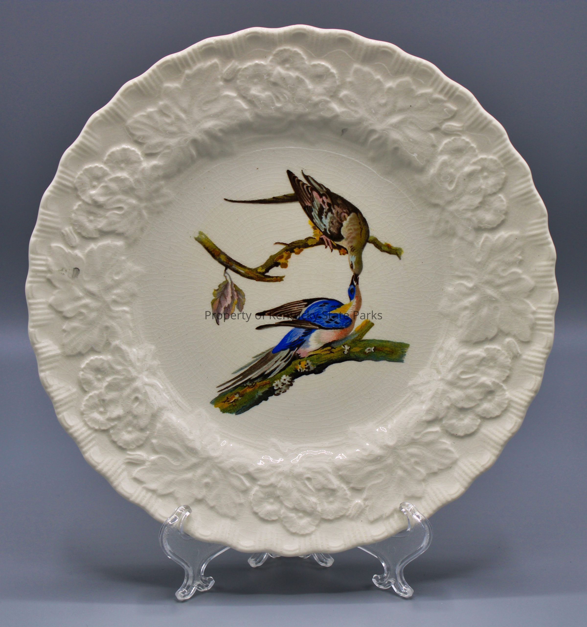 Luncheon plate with reproduction of John James Audubon's "Passenger Pigeon": A white china plate with a raised pattern of flowers, scalloped edges, and a color image of two birds perched on branches with dried leaves. One bird leans down from the upper branch to feed the other bird. Their feathers are colored blue, pink, brown, white, yellow, and black. Photograph date: March 30, 2023 / Photographer: Heidi Taylor-Caudill