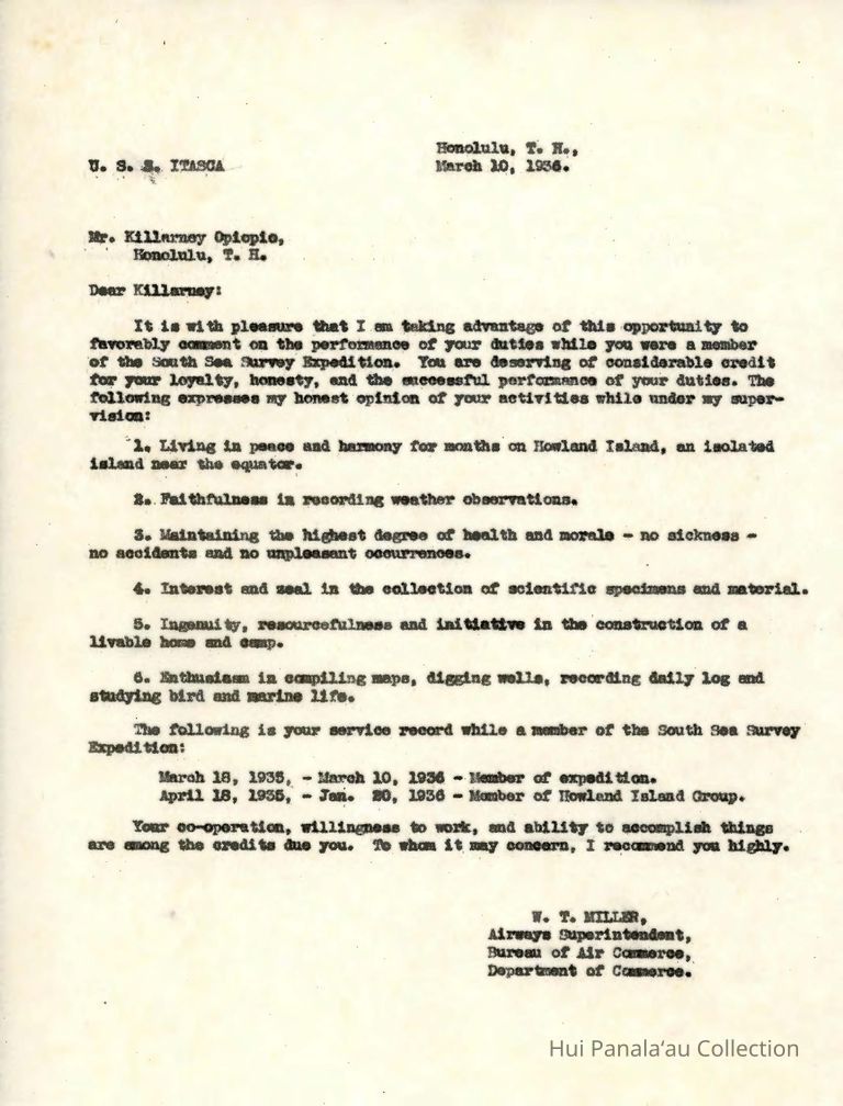 Letter from W.T. Miller to Killarney Opiopio picture number 1