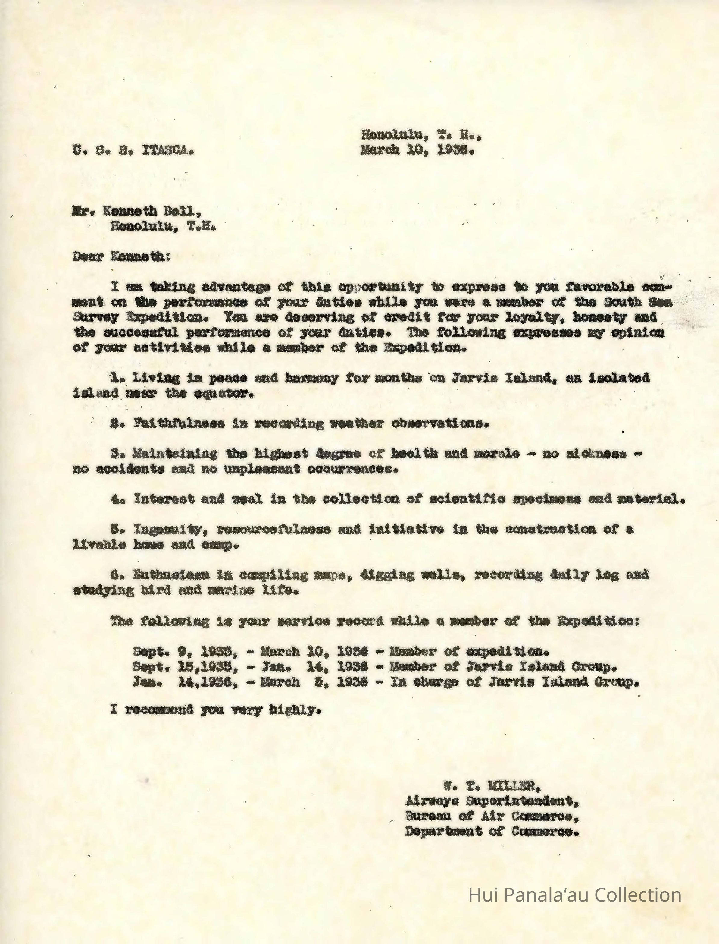 Letter from W.T. Miller to Kenneth Bell