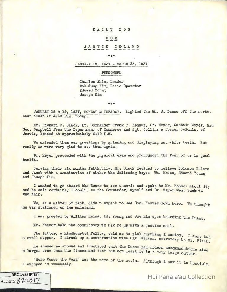 Daily Log for Jarvis Island, January 18, 1937 - March 23, 1937 picture number 1