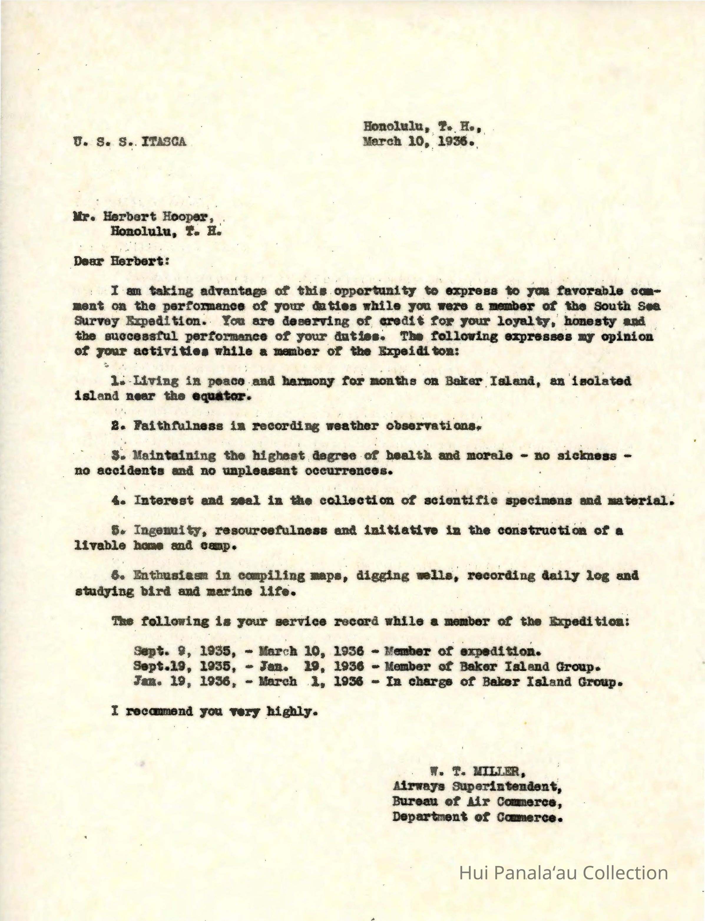 Letter from W.T. Miller to Herbert Hooper