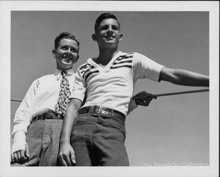 Left - Right: Richard Stafford and Robert Hite, son of Hawaii's acting governor Charles M. Hite. Schoolboys of Hawaii left Honolulu on the U.S. Cost Guard cutter Itasca for Baker, Howland and Jarvis Islands. picture number 1