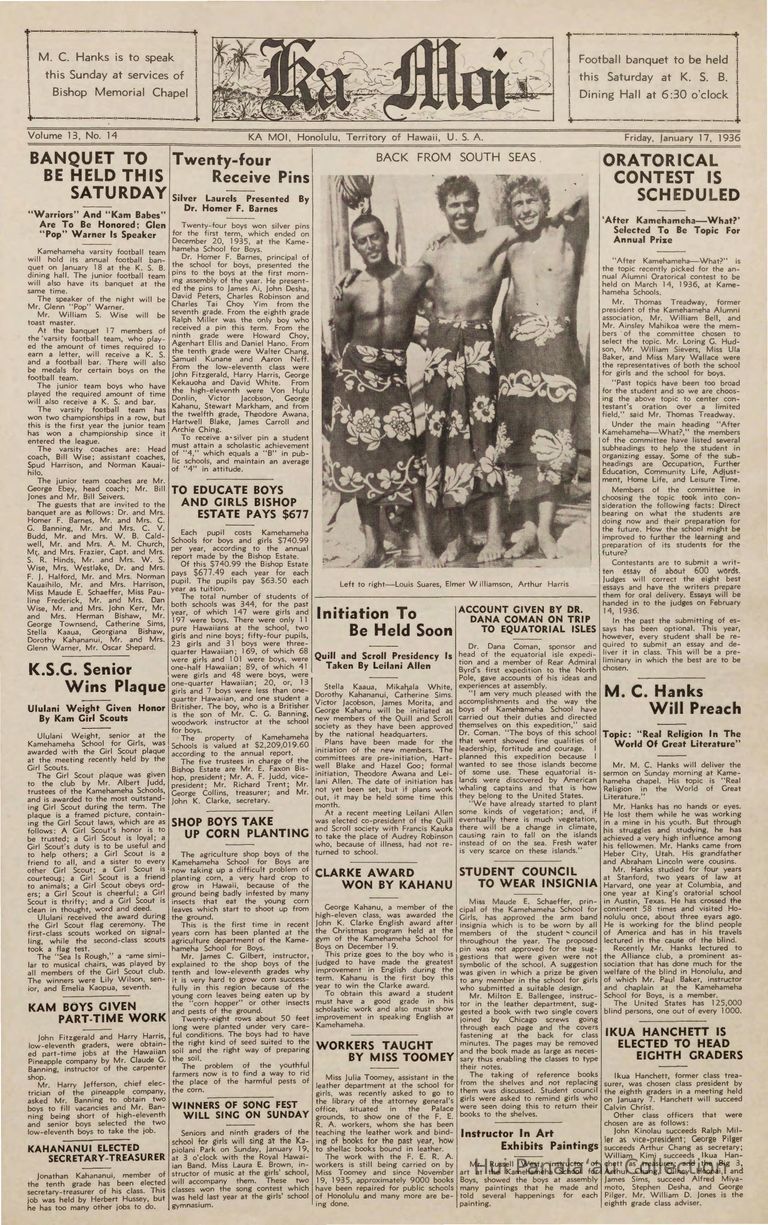 Account given by Dr. Dana Coman on trip to Equatorial Isles; No colonists specifically mentioned in article. Article speaks of general activity occurring on the islands and of the Kamehameha colonists in general.