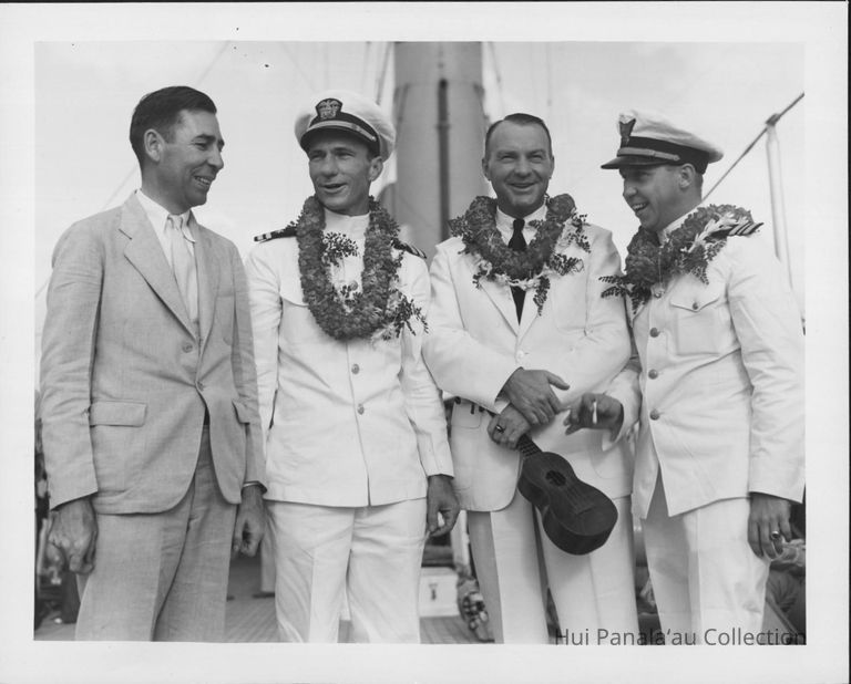 Left-Right: C.L. Bissell, U.S.A.; Lieut. Emory Stephens, U.S.N.; William T. Miller, superintendent of airways, U.S. Dept. of Commerce's bureau of aeronautics; and Frank Kenner, executive officer U.S.C.g. cutter Itasca. Photographed at Honolulu. picture number 1
