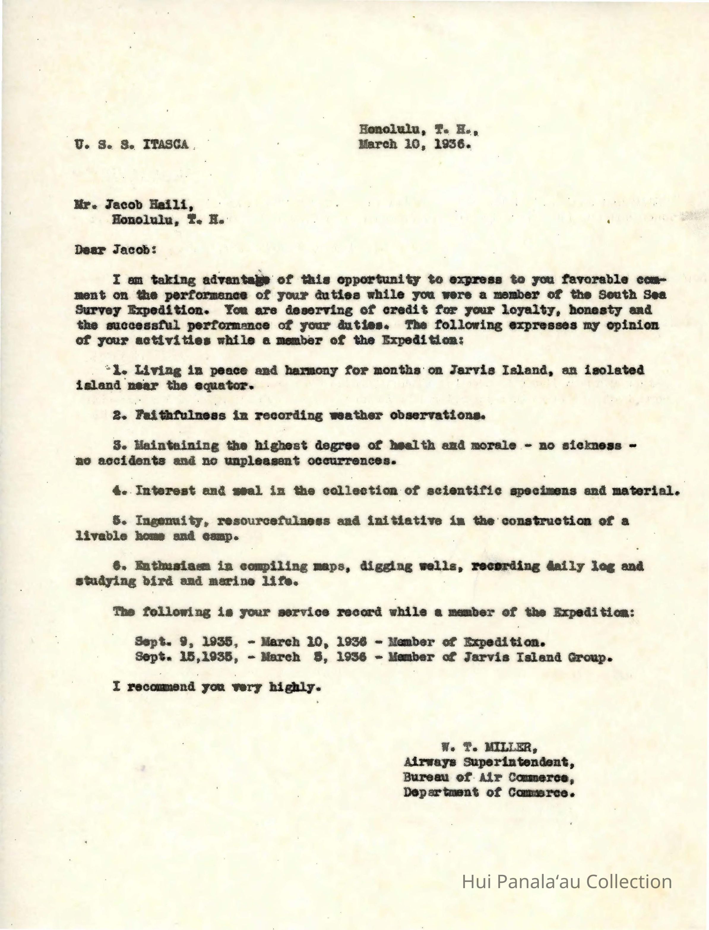 Letter from W.T. Miller to Jacob Haili