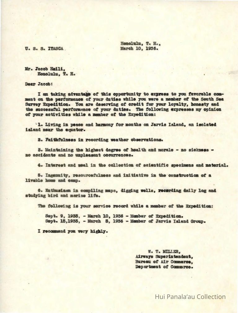 Letter from W.T. Miller to Jacob Haili