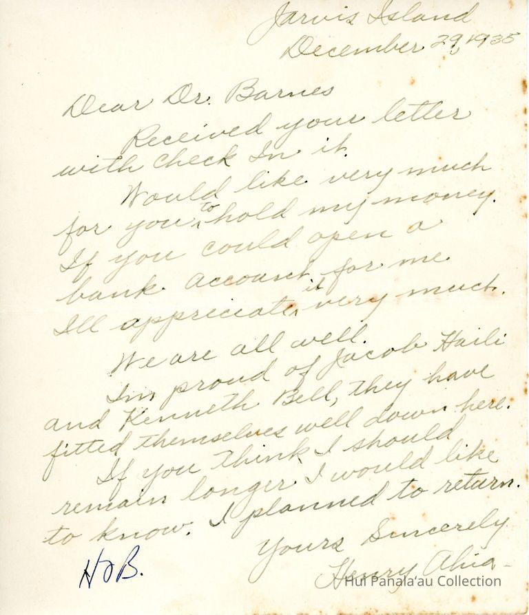 Handwritten Letter from Jarvis Island