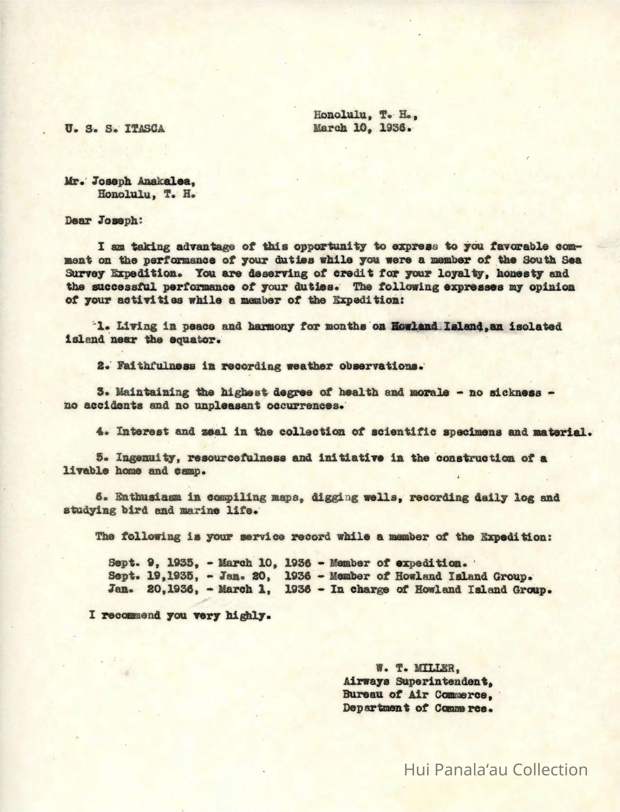 Letter from W.T. Miller to Joseph Anakalea
