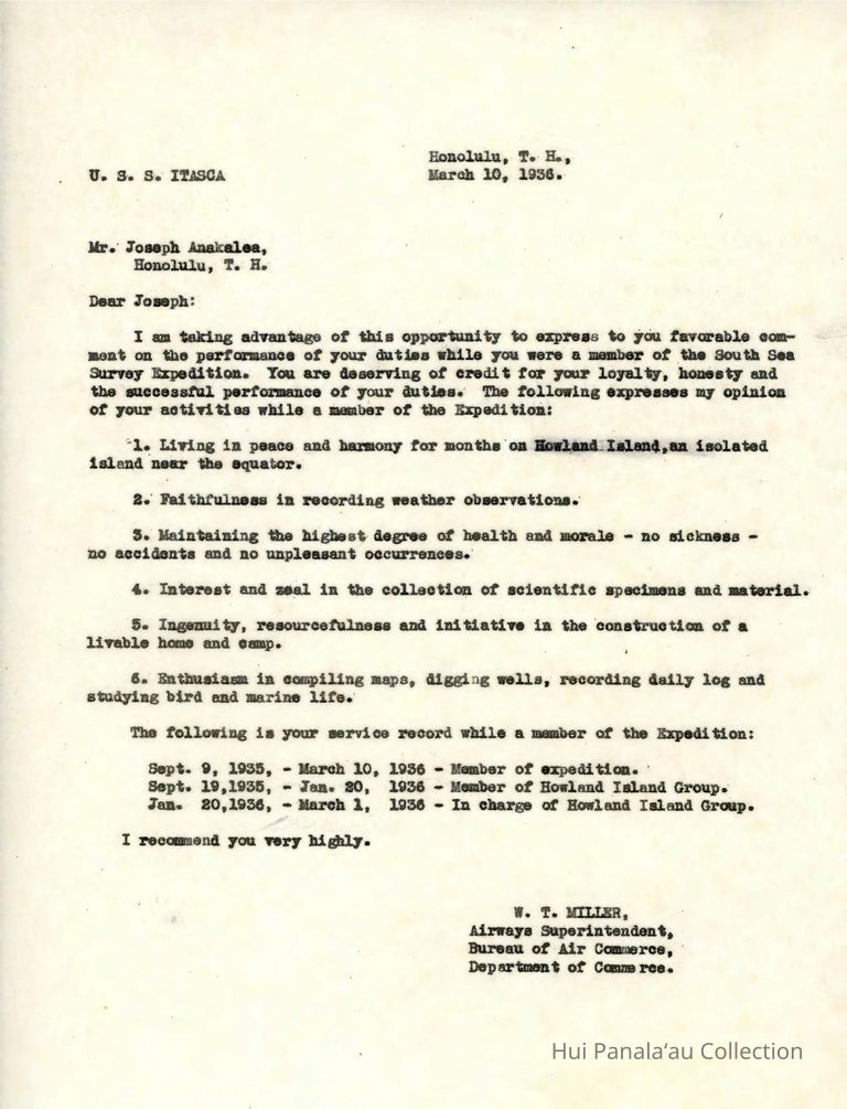 Letter from W.T. Miller to Joseph Anakalea