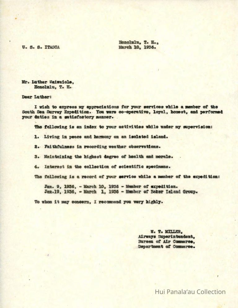 Letter from W.T. Miller to Luther Waiwaiole