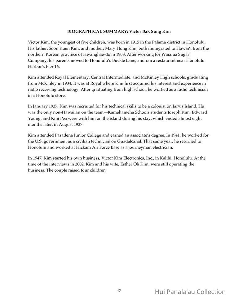 Interview with Victor Bak Sung Kim for the Hui Panalāʻau Oral History Project picture number 1