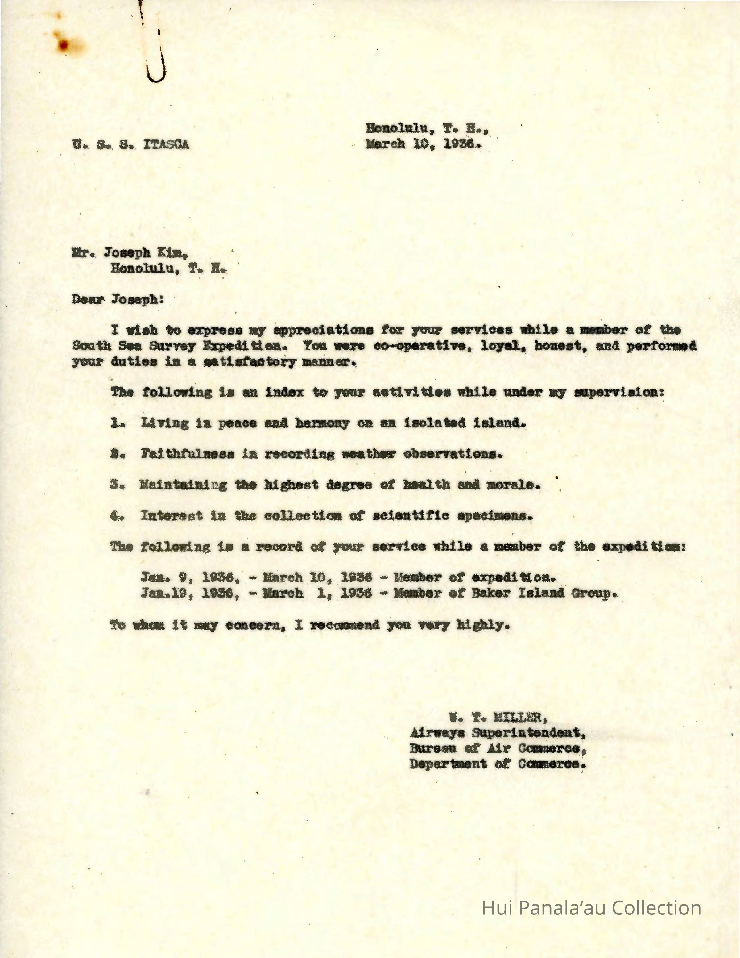 Letter from W.T. Miller to Joseph Kim