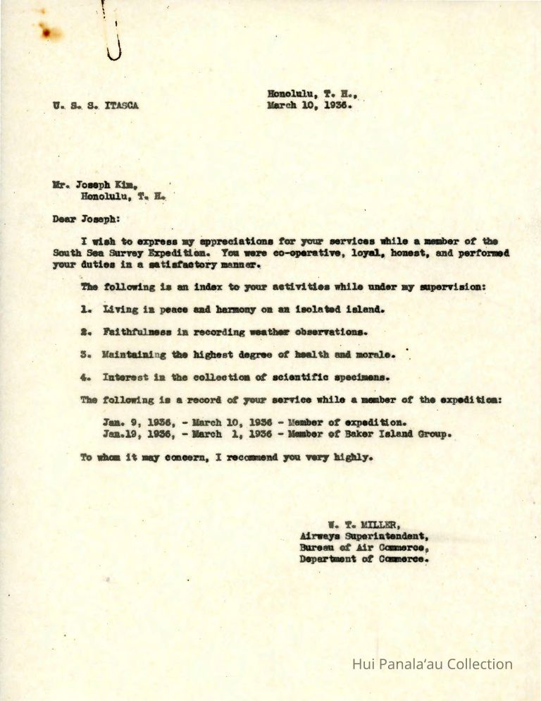 Letter from W.T. Miller to Joseph Kim
