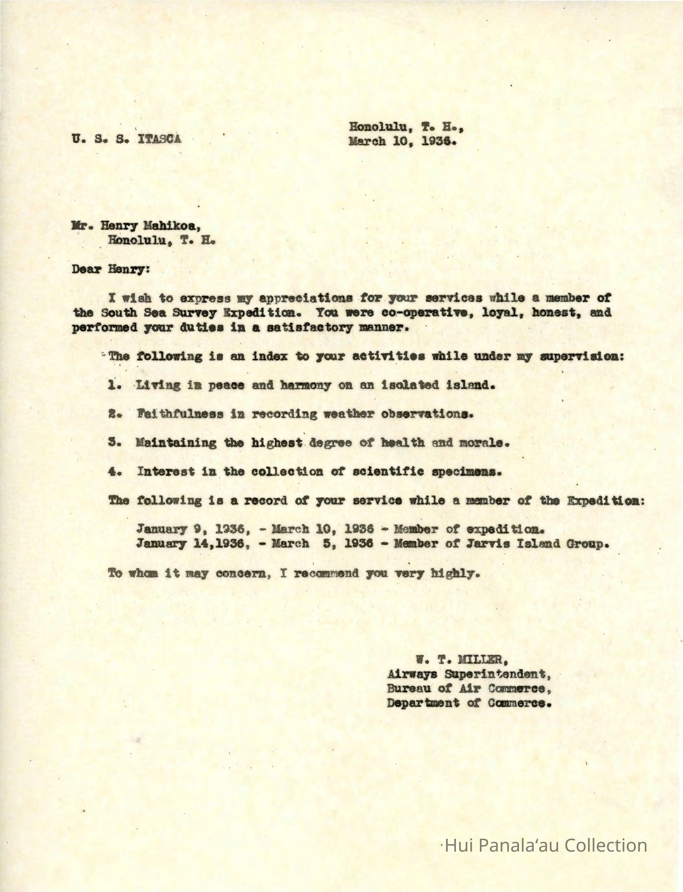 Letter from W.T. Miller to Henry Mahikoa