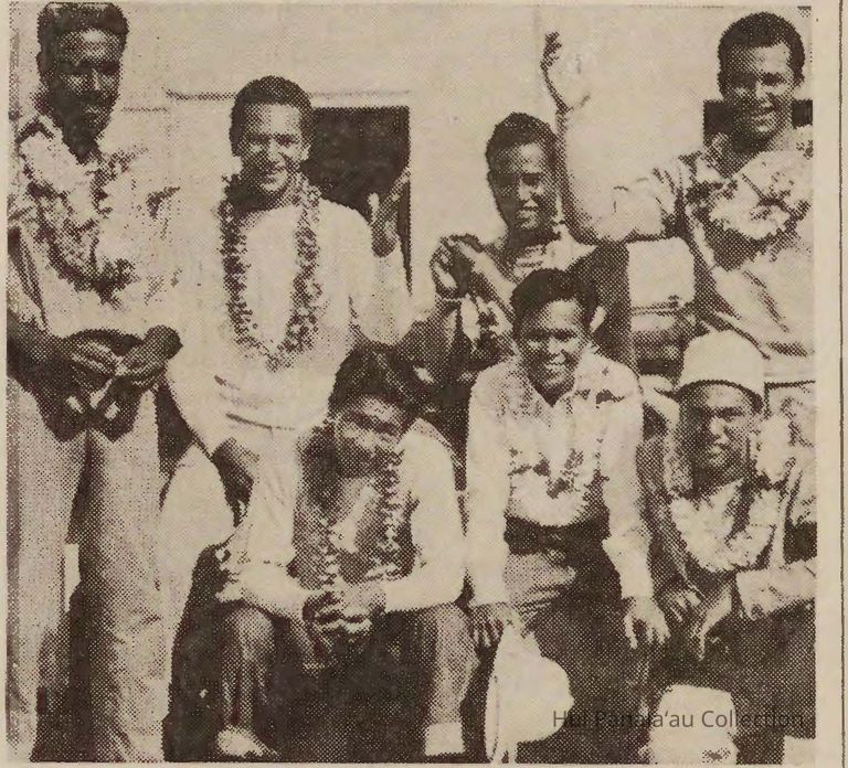 Left to right- Frank Cockett, William Anahu, Archie Ching, S. K. Ka­lama, George West, Theodore Awana, William Toomey.; Returned Equatorial Colonists