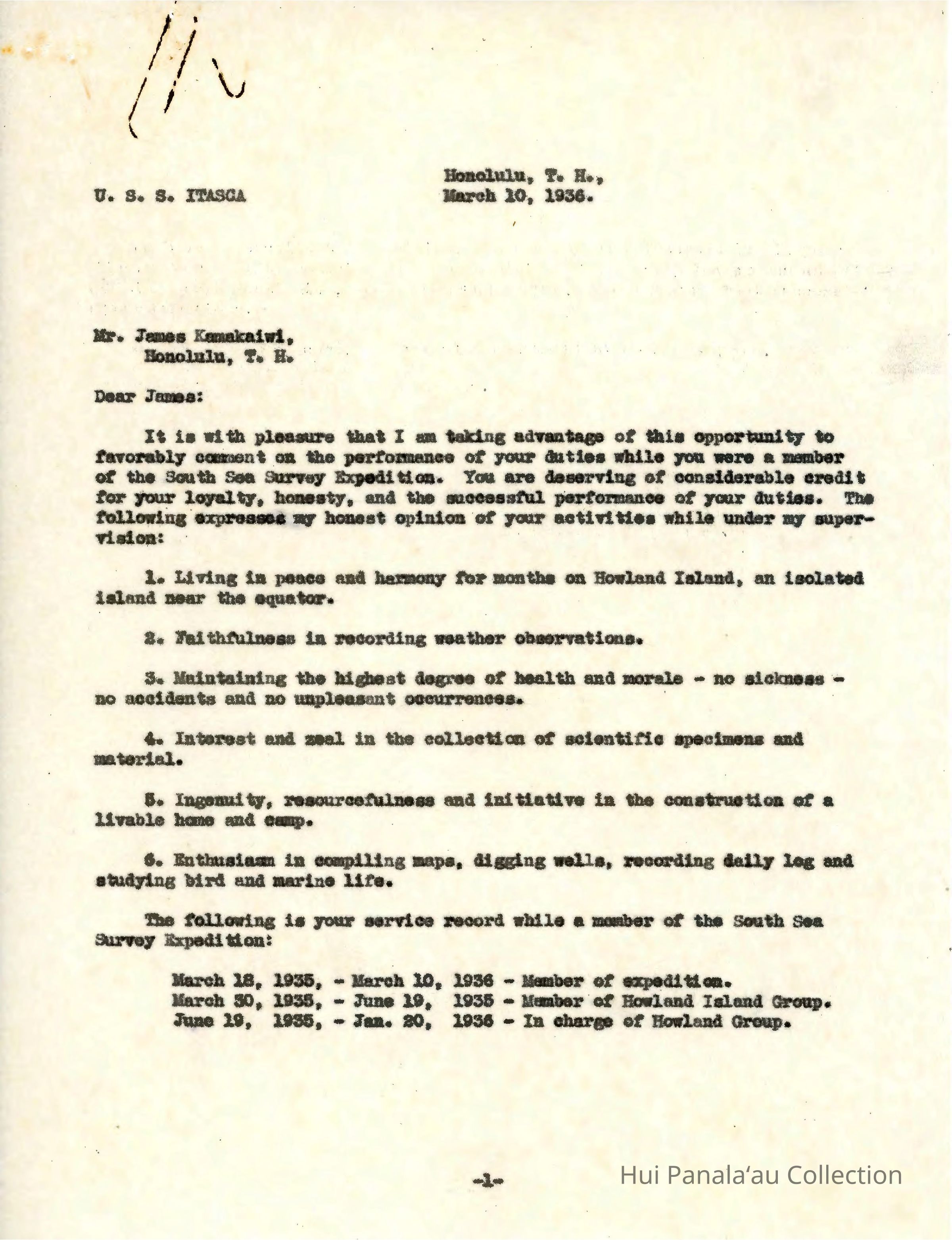 Letter from W.T. Miller to James Kamakaiwi