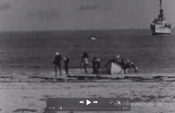 Compilation of original Footage in 16mm film; Shown are colonists unloading supplies from Itasca to Baker Island in quiet surf.