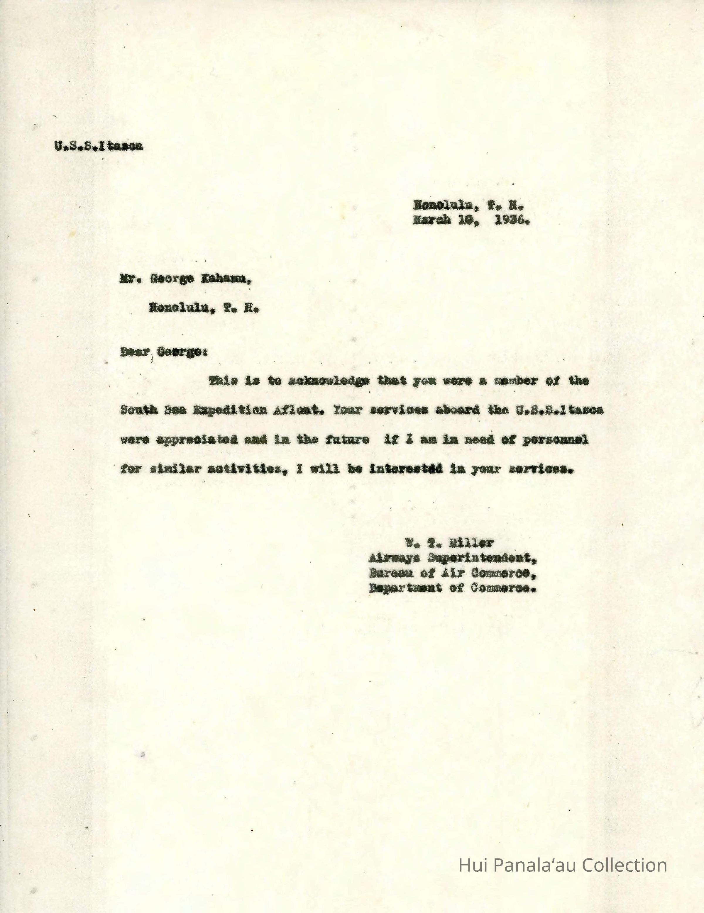 Letter from W.T. Miller to George Kahanu