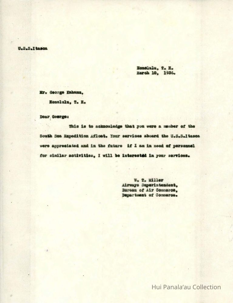 Letter from W.T. Miller to George Kahanu