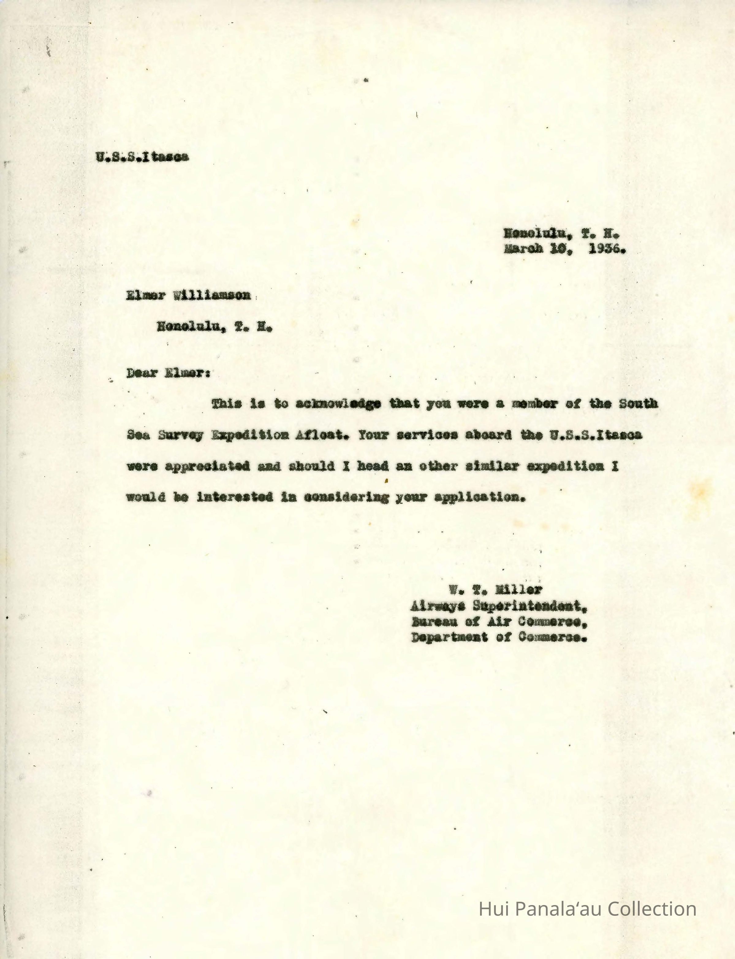 Letter from W.T. Miller to Elmer Williamson