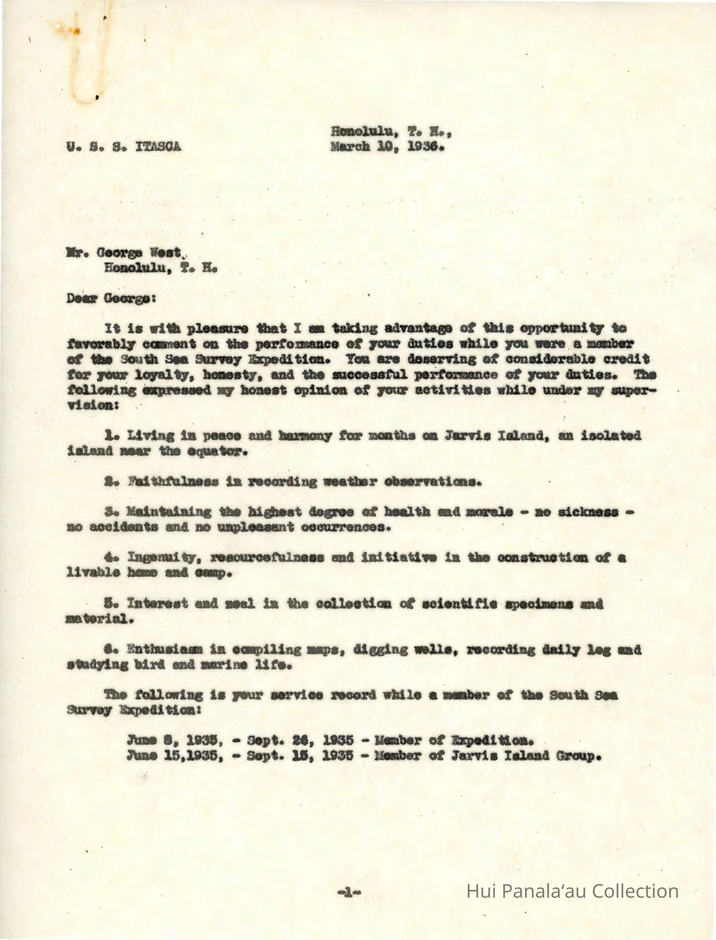 Letter from W.T. Miller to George West