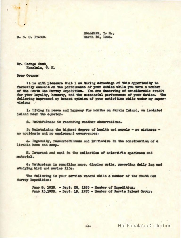 Letter from W.T. Miller to George West