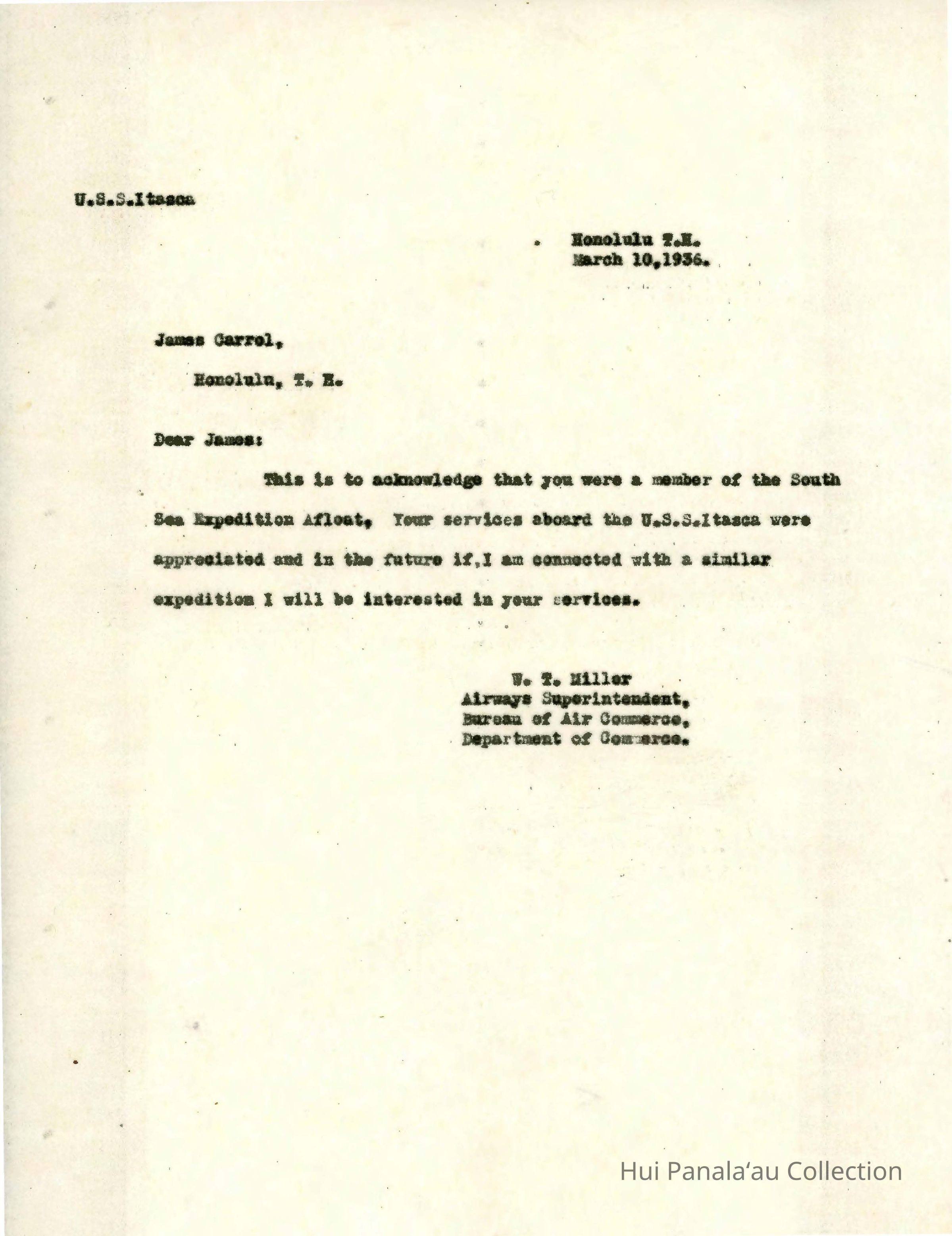 Letter from W.T. Miller to James Carroll