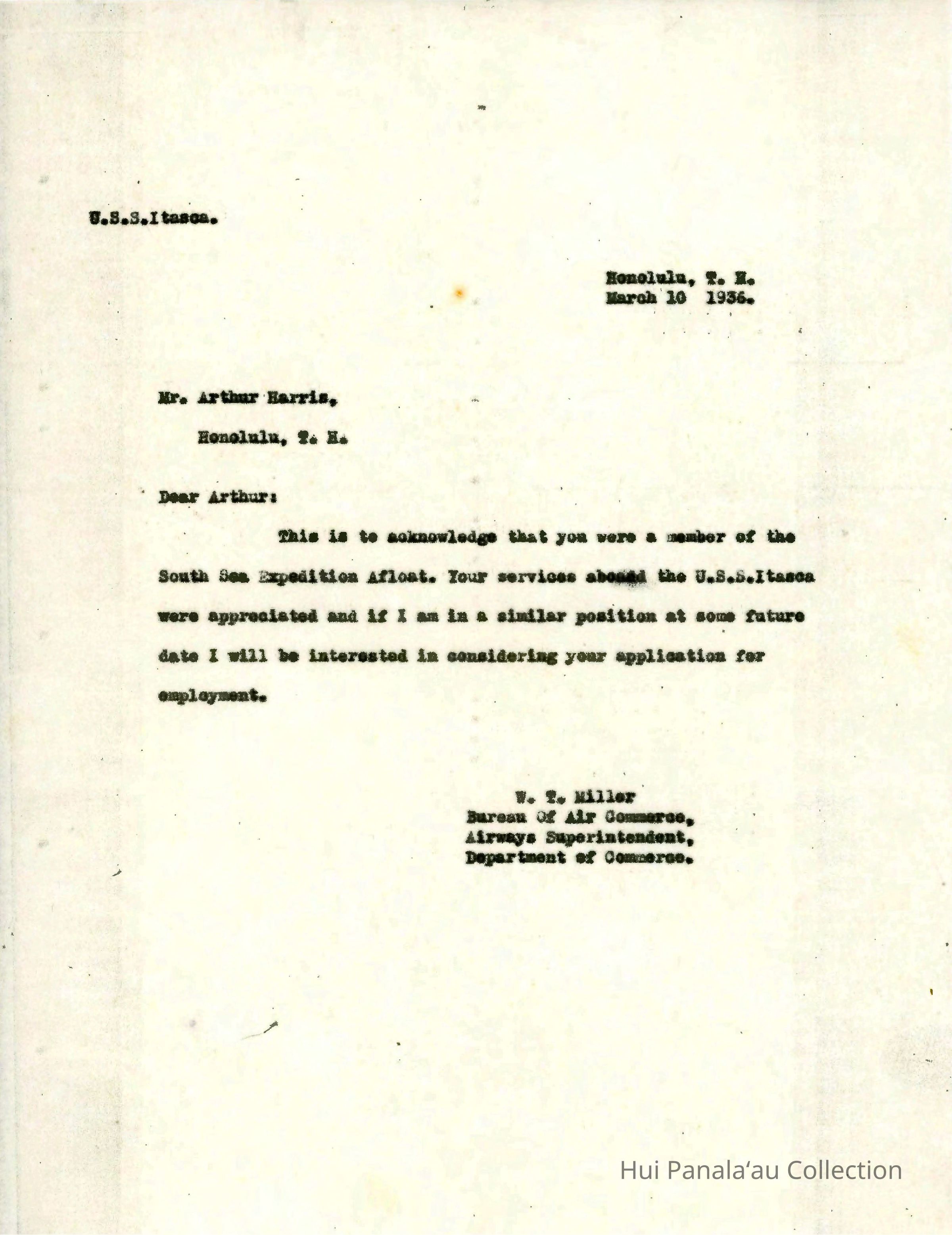 Letter from W.T. Miller to Arthur Harris